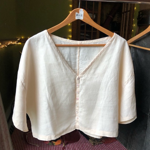 Handmade Tops - 100% Linen Boxy Cropped Short Sleeve Top - Handmade